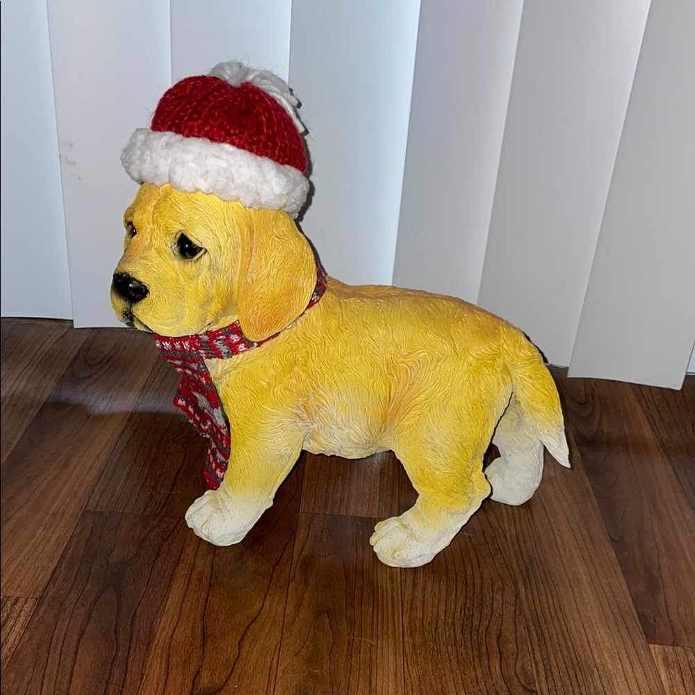 Yellow Puppy Figurine with Red Hat and Scarf